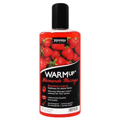 JOYDIVISION WARMup Strawberry Massage Oil 150ml bottle with a vibrant strawberry design, showcasing its non-greasy and warming properties.