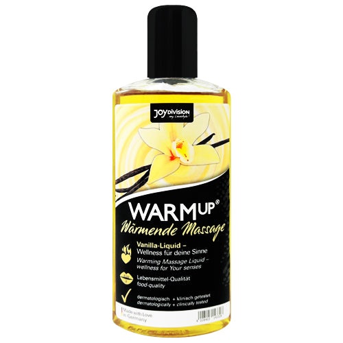 JOYDIVISION WARMup Vanilla 150ml massage oil bottle with a warm vanilla scent, designed for intimate massages.