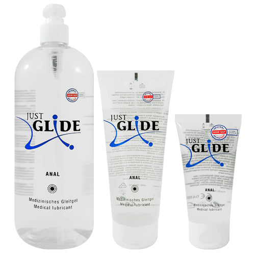 Just Glide Anal water-based lubricant bottle with calming plant extracts, designed for sensitive skin and anal use.