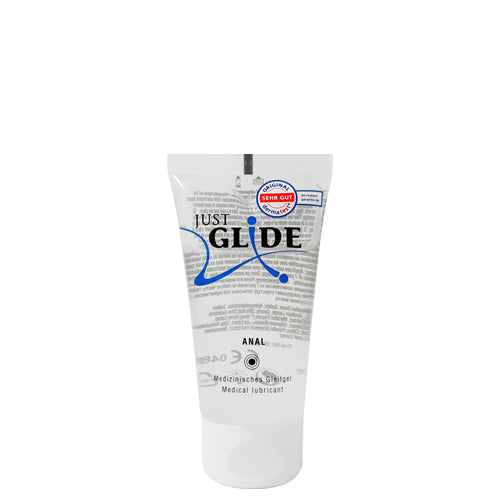 Just Glide Anal water-based lubricant bottle with calming plant extracts, designed for sensitive skin and anal use.