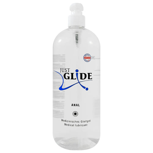 Just Glide Anal water-based lubricant bottle with calming plant extracts, designed for sensitive skin and anal use.