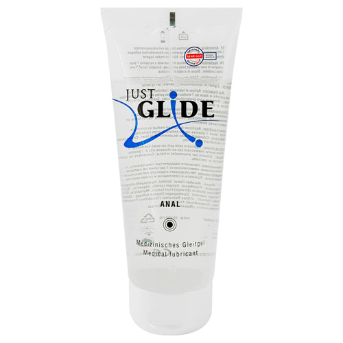 Just Glide Anal water-based lubricant bottle with calming plant extracts, designed for sensitive skin and anal use.