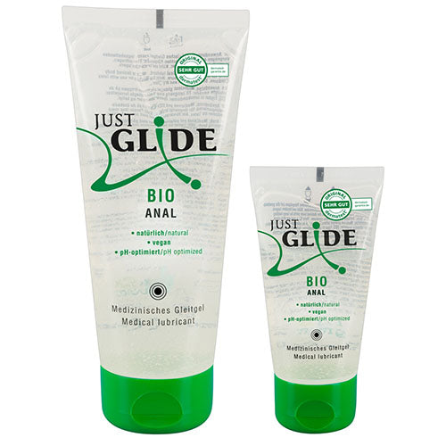 Just Glide Bio Anal water-based personal gel in a sleek bottle, designed for anal lubrication, featuring a vegan and pH-balanced formula.