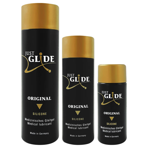 Just Glide Original Silicone lubricant bottle, showcasing its sleek design and medical-grade quality for enhanced intimacy.