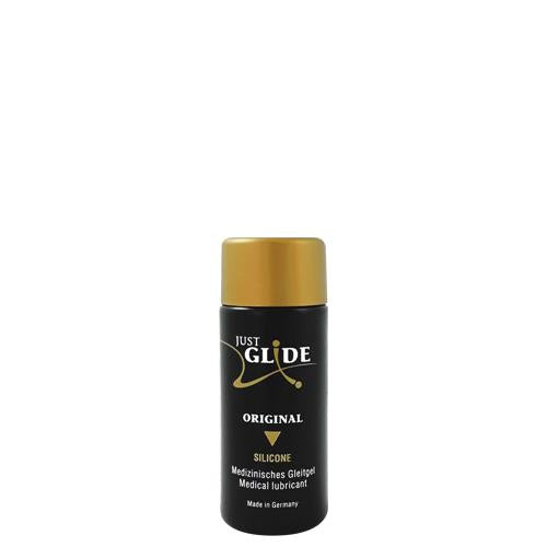 Just Glide Original Silicone lubricant bottle, showcasing its sleek design and medical-grade quality for enhanced intimacy.