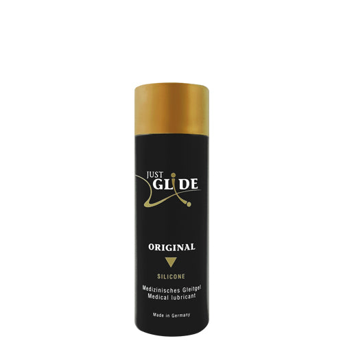 Just Glide Original Silicone lubricant bottle, showcasing its sleek design and medical-grade quality for enhanced intimacy.