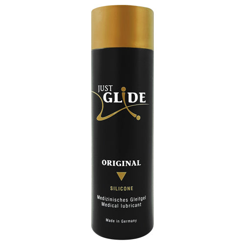 Just Glide Original Silicone lubricant bottle, showcasing its sleek design and medical-grade quality for enhanced intimacy.