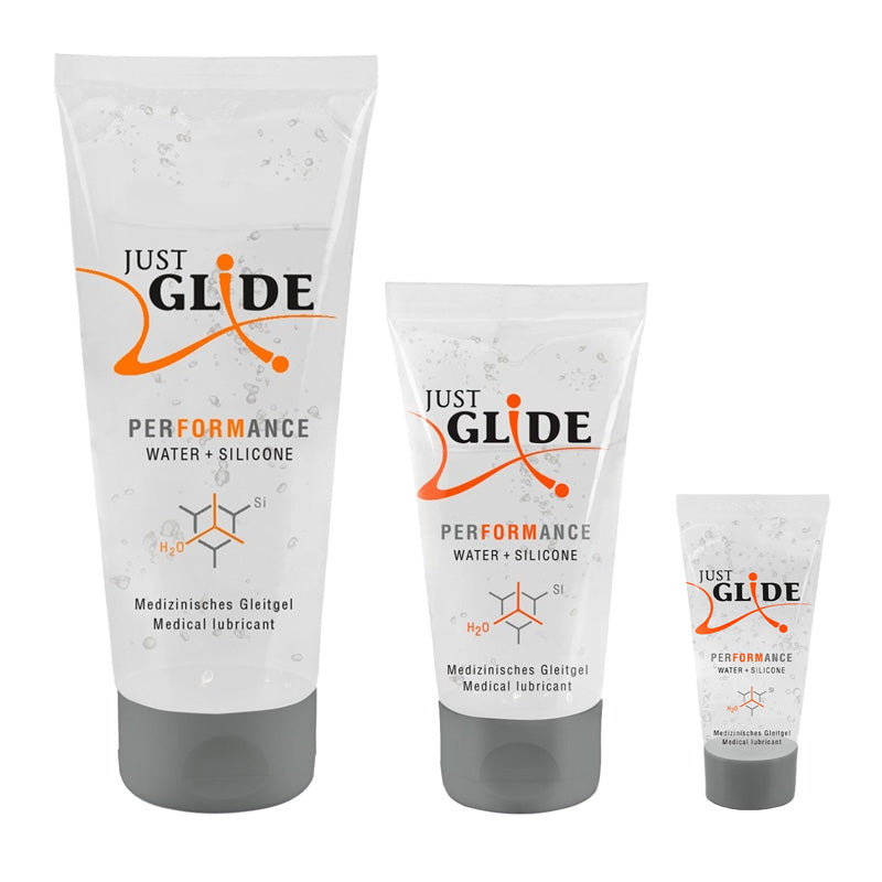 Just Glide Performance silicone and water-based lubricant bottle with a sleek design, showcasing its premium quality for enhanced intimate experiences.