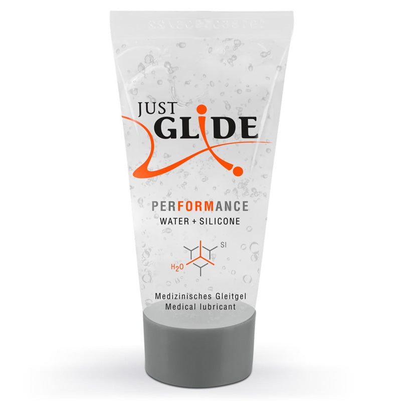 Just Glide Performance silicone and water-based lubricant bottle with a sleek design, showcasing its premium quality for enhanced intimate experiences.