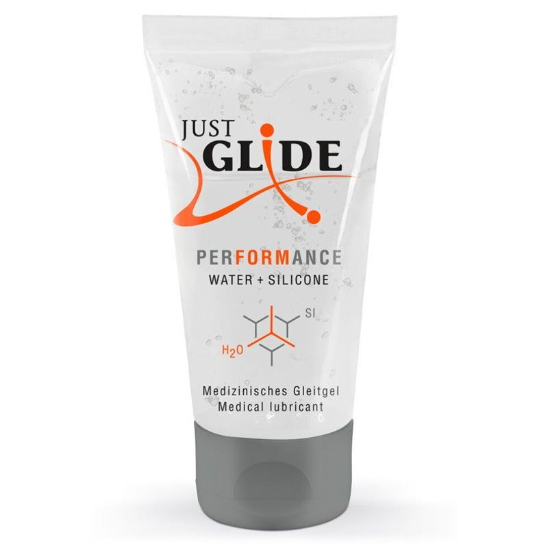 Just Glide Performance silicone and water-based lubricant bottle with a sleek design, showcasing its premium quality for enhanced intimate experiences.