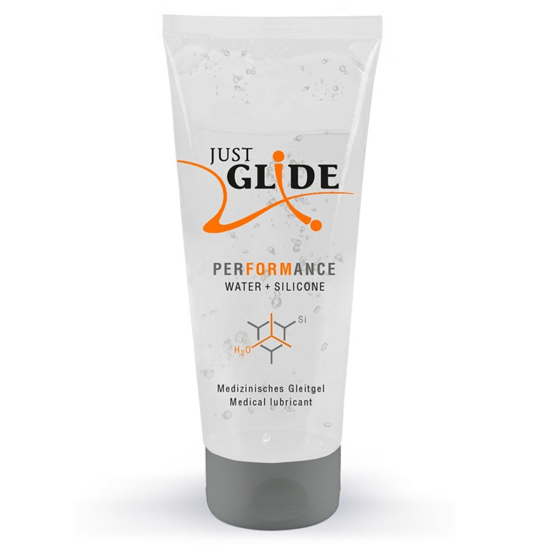 Just Glide Performance silicone and water-based lubricant bottle with a sleek design, showcasing its premium quality for enhanced intimate experiences.