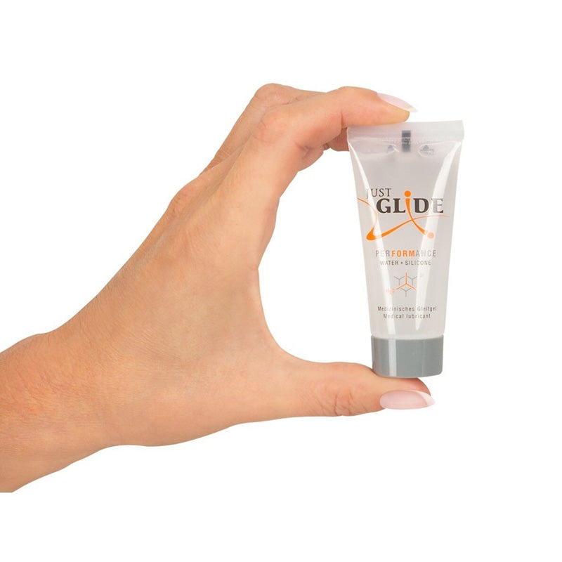 Just Glide Performance silicone and water-based lubricant bottle with a sleek design, showcasing its premium quality for enhanced intimate experiences.