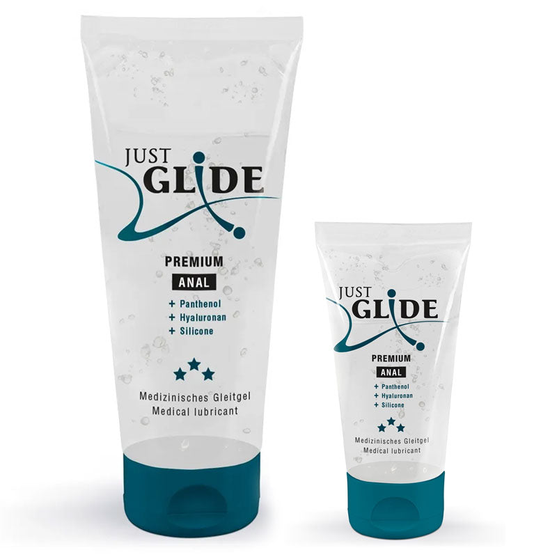 Just Glide Premium Anal lubricant bottle with a sleek design, showcasing its smooth texture and high-quality formulation for anal play.