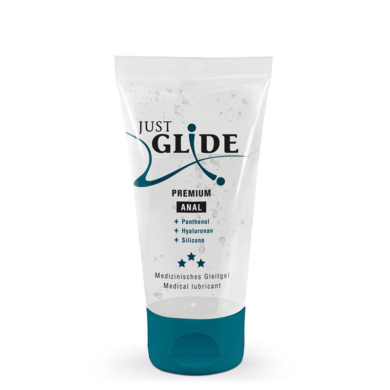 Just Glide Premium Anal lubricant bottle with a sleek design, showcasing its smooth texture and high-quality formulation for anal play.