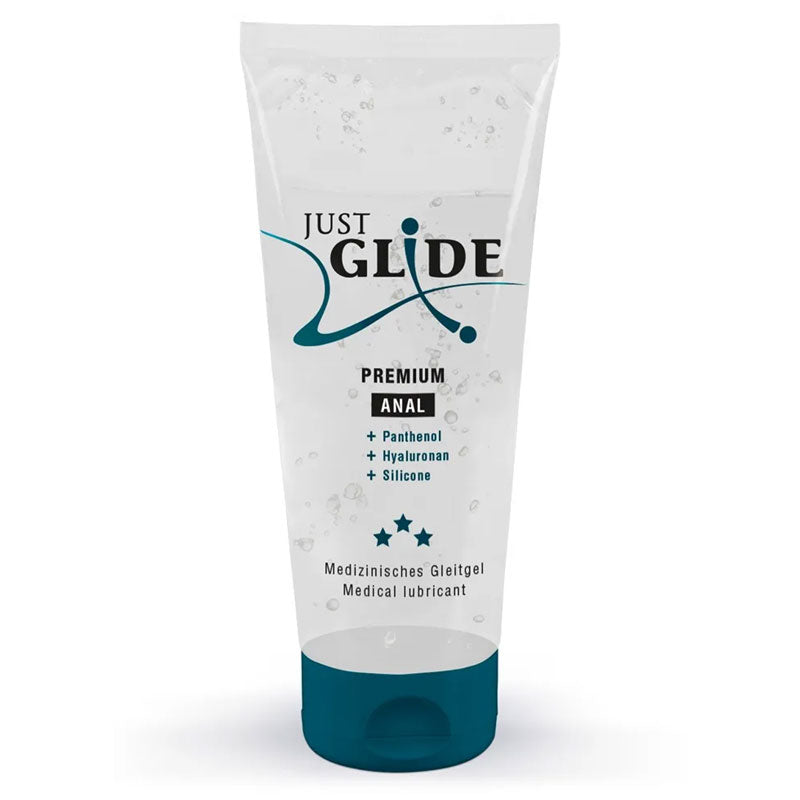 Just Glide Premium Anal lubricant bottle with a sleek design, showcasing its smooth texture and high-quality formulation for anal play.