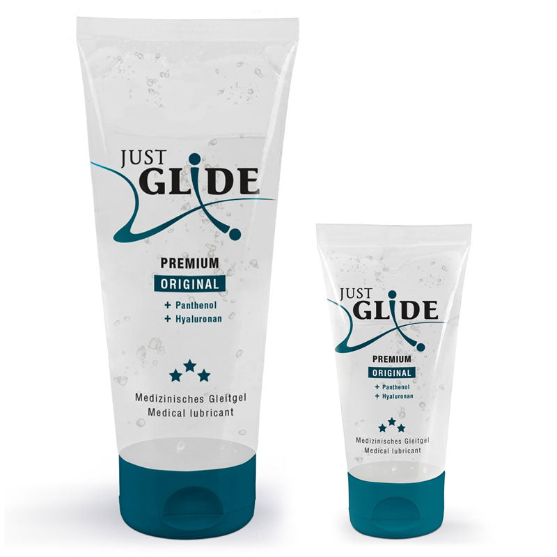 Just Glide Premium Original personal lubricant bottle with a sleek design, showcasing its water-based formula for enhanced comfort and pleasure.