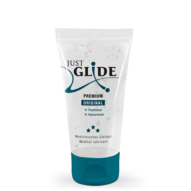 Just Glide Premium Original personal lubricant bottle with a sleek design, showcasing its water-based formula for enhanced comfort and pleasure.