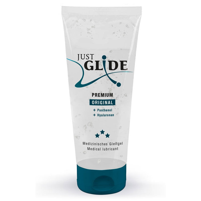 Just Glide Premium Original personal lubricant bottle with a sleek design, showcasing its water-based formula for enhanced comfort and pleasure.