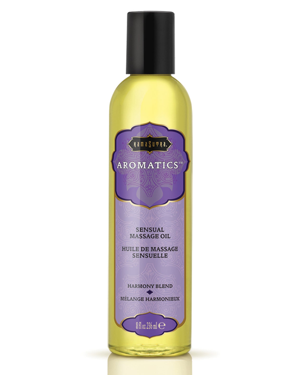 Kama Sutra Aromatics Oil Harmony Blend bottle with essential oils for relaxation and massage.