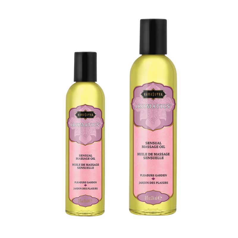 Kama Sutra Aromatics Oil Pleasure Garden bottle with floral design, showcasing its luxurious massage oil for relaxation and intimacy.