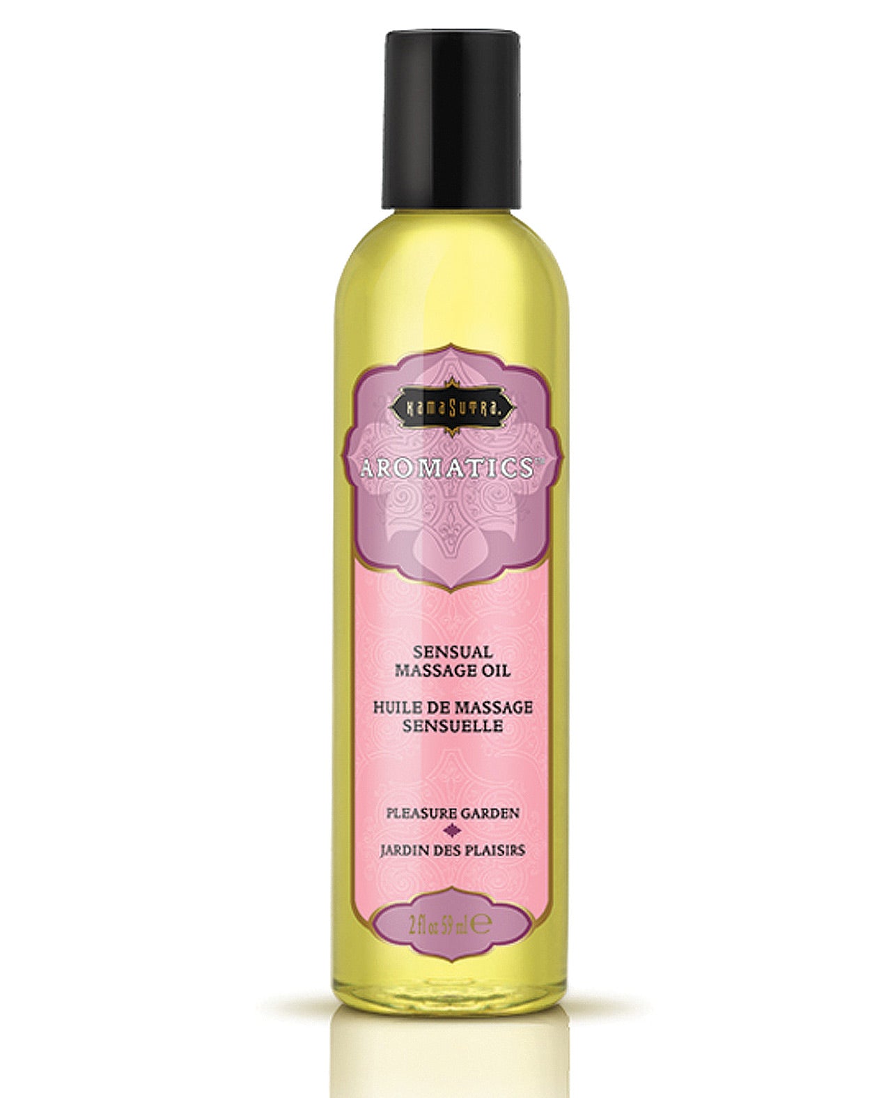 Kama Sutra Aromatics Oil Pleasure Garden bottle with floral design, showcasing its luxurious massage oil for relaxation and intimacy.