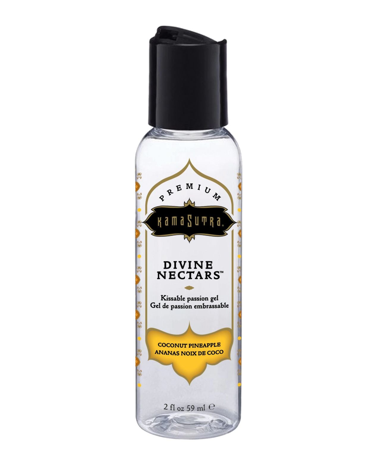 Kama Sutra Divine Nectars Coconut Pineapple 2 fl oz bottle with a tropical design, showcasing its enticing flavor and luxurious gel texture.