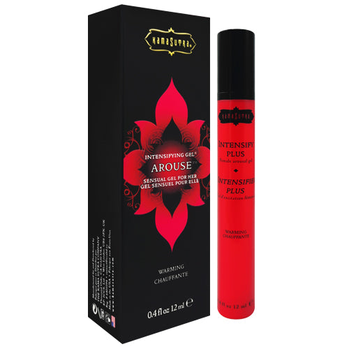 Kama Sutra Intensify Plus Female Arousal Gel in a sleek bottle with a warm cinnamon scent, designed for enhancing female arousal.