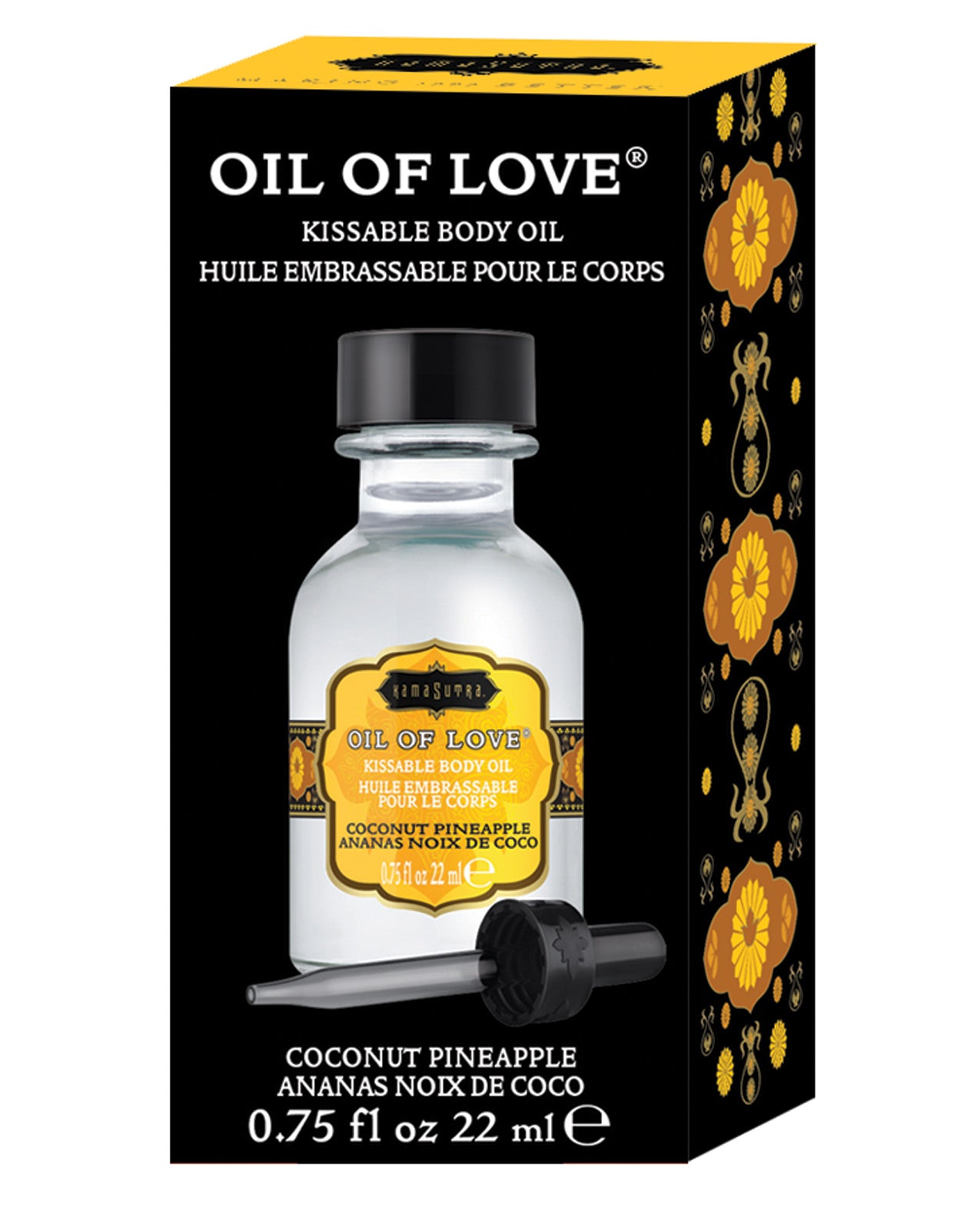 Kama Sutra Oil of Love Coconut Pineapple bottle with a tropical design, perfect for enhancing intimate moments.