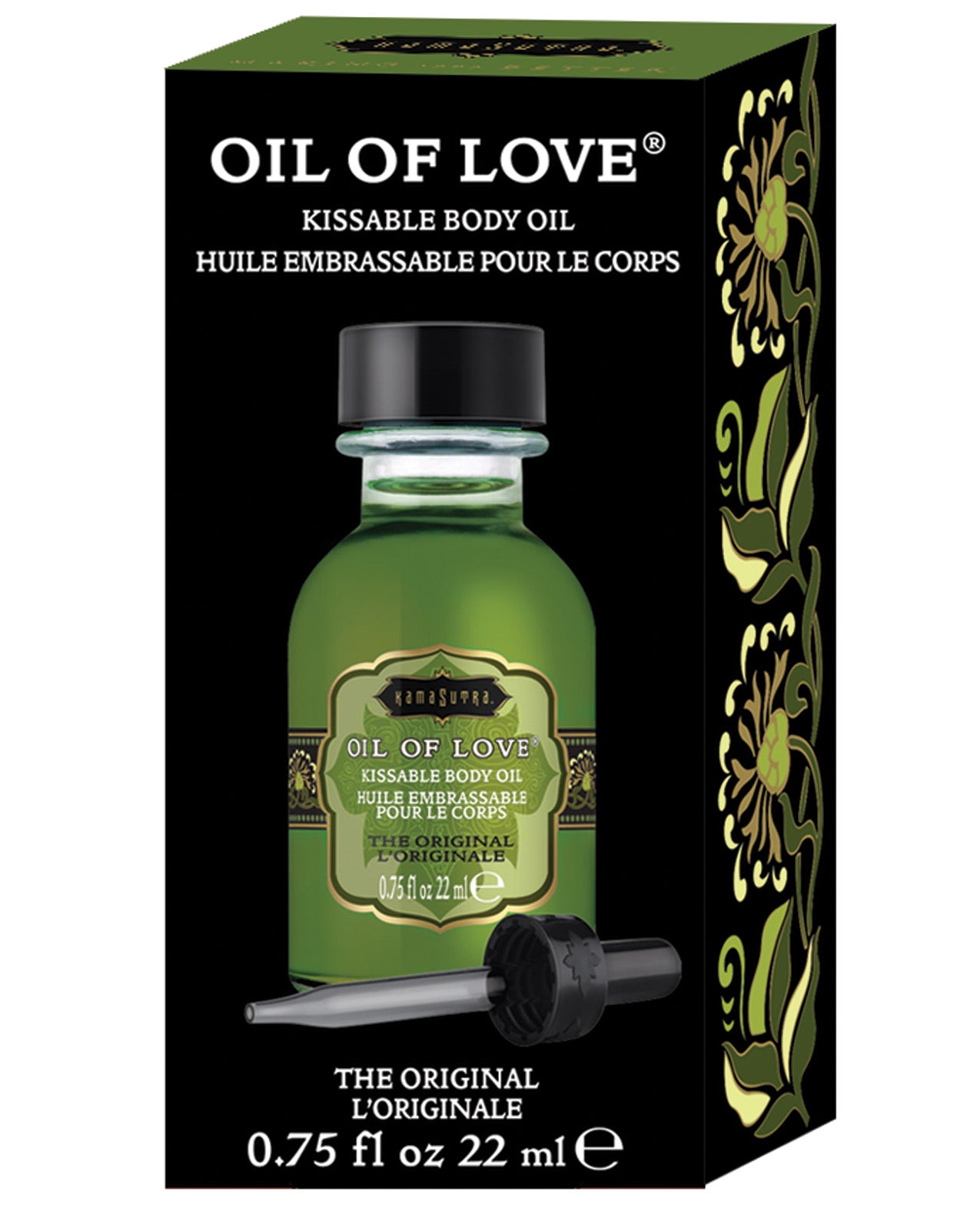 Kama Sutra Oil of Love Original bottle with dropper, featuring creamy vanilla and chocolate flavor.