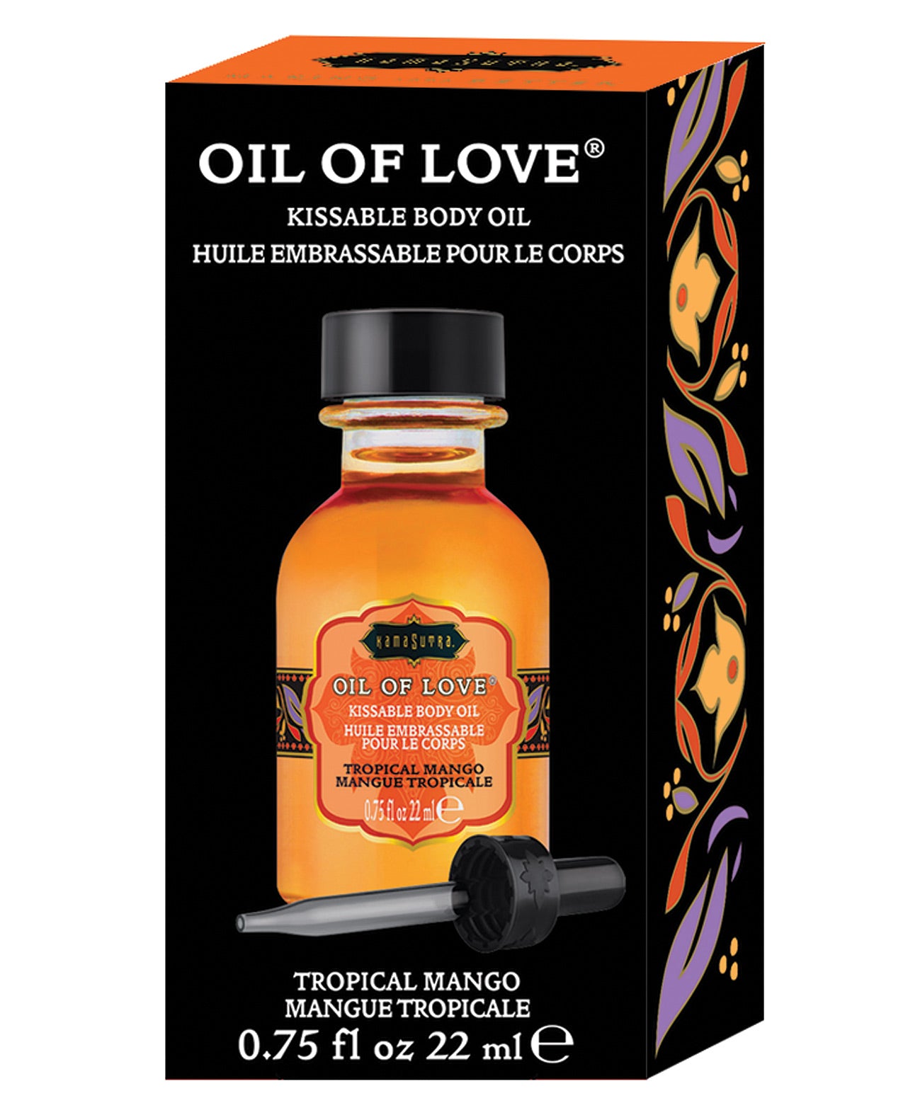 Kama Sutra Oil of Love Tropical Mango bottle with a dropper, showcasing its vibrant tropical design.