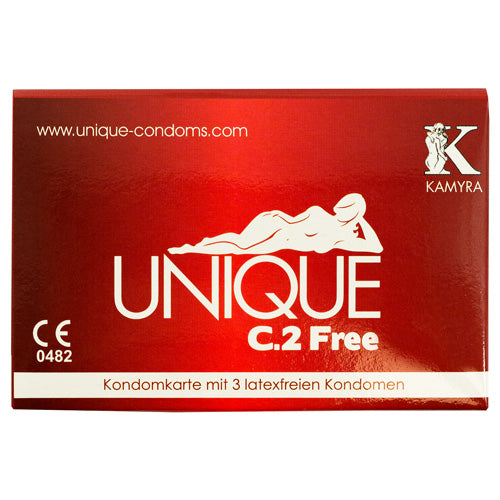 Kamyra UNIQUE C.2 Free Pack 3 condoms featuring a unique flange design, ultra-thin non-latex material, and compact credit-card size packaging.