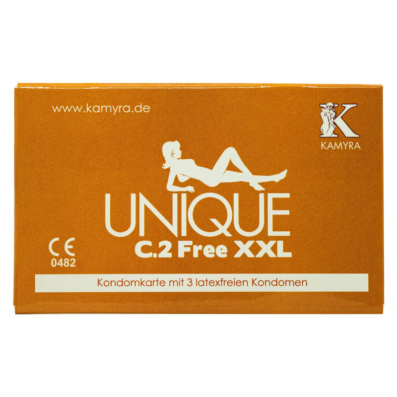 Kamyra Unique C.2 Free XXL condoms in a compact credit-card size pack, showcasing their ultra-thin and non-latex design.