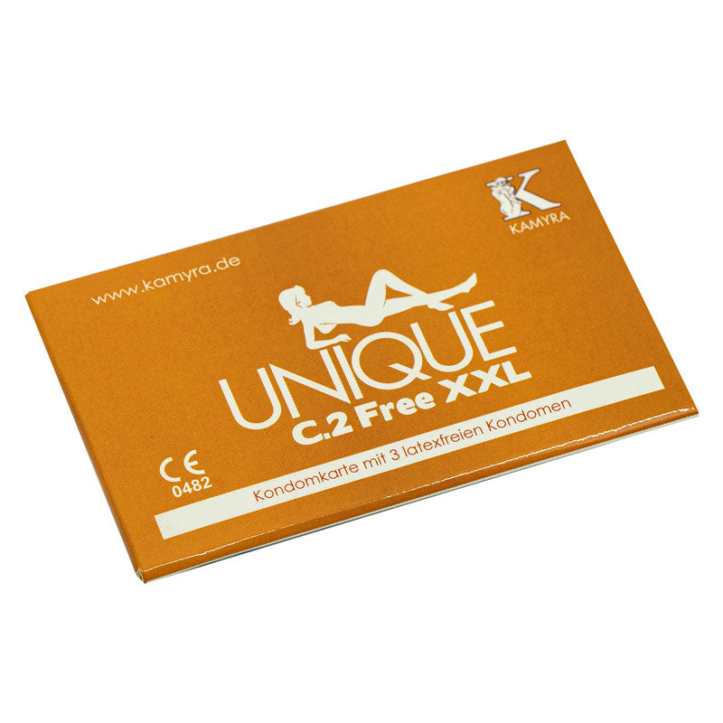 Kamyra Unique C.2 Free XXL condoms in a compact credit-card size pack, showcasing their ultra-thin and non-latex design.