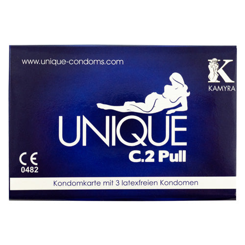 Kamyra UNIQUE C.2 Pull Pack 3 condoms displayed in a sleek, credit-card sized packaging, showcasing their ultra-thin design and vegan-friendly material.