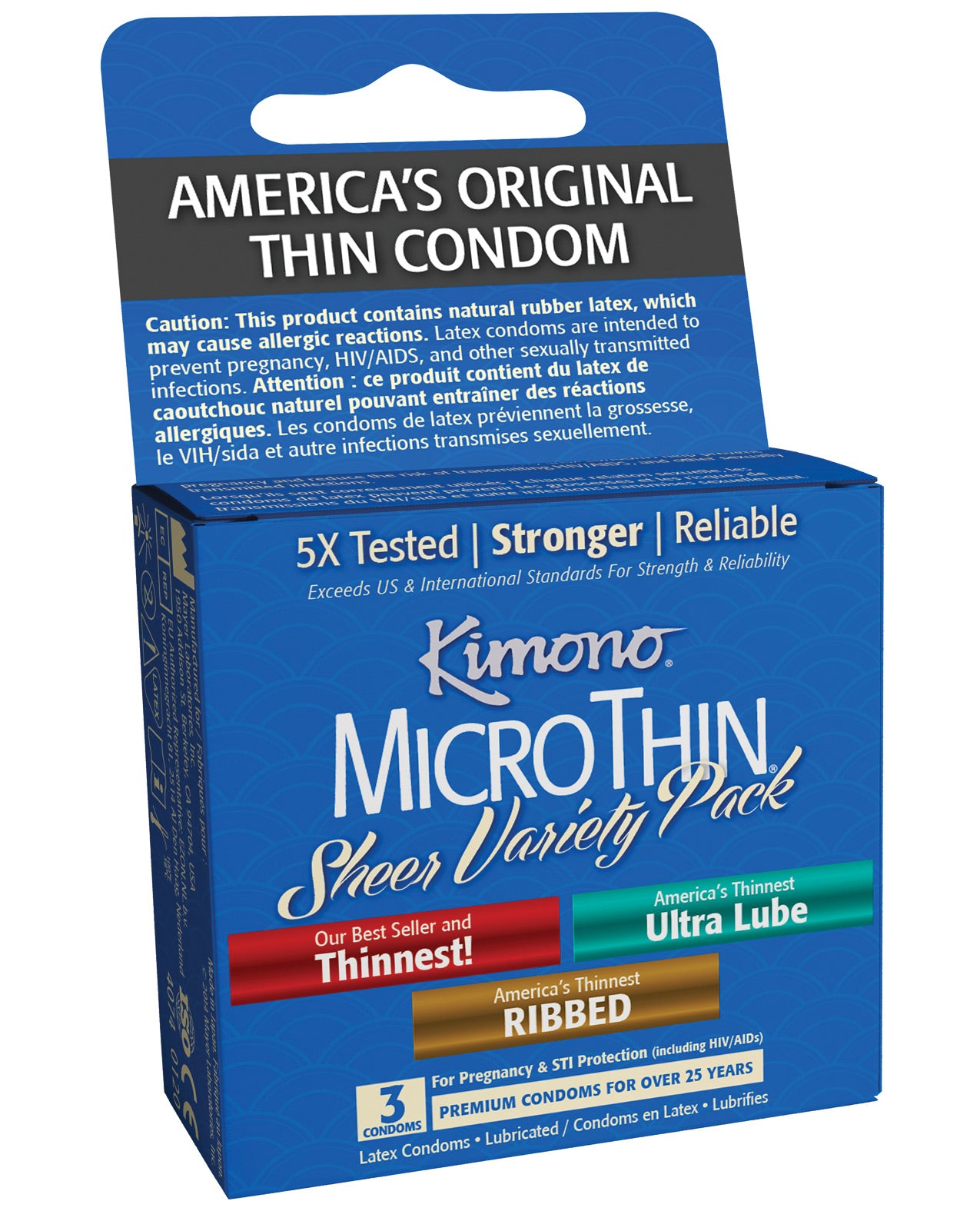 Kimono Micro Thin Variety Pack Box 3 featuring three types of ultra-thin condoms, designed for natural sensations and comfort.