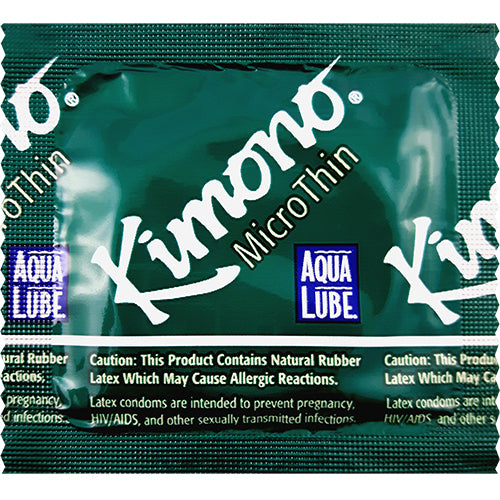 Kimono MicroThin condoms with Aqua Lube, showcasing their ultra-thin design and smooth texture.