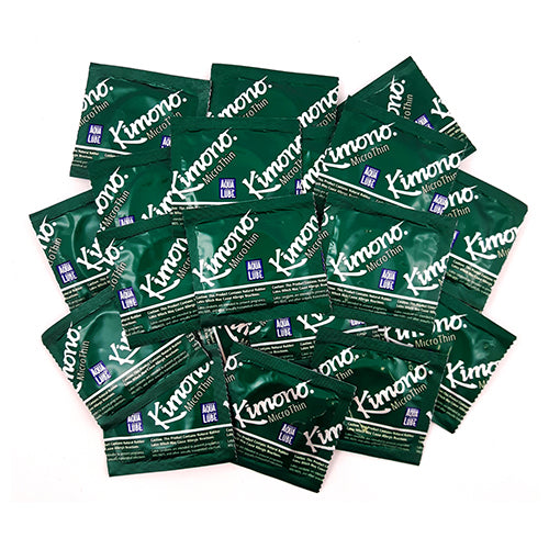 Kimono MicroThin condoms with Aqua Lube, showcasing their ultra-thin design and smooth texture.