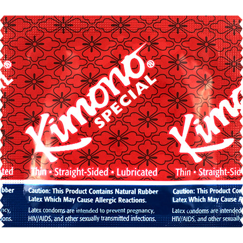 Kimono Special ultra-thin latex condoms in packaging, showcasing their sleek design and quality.