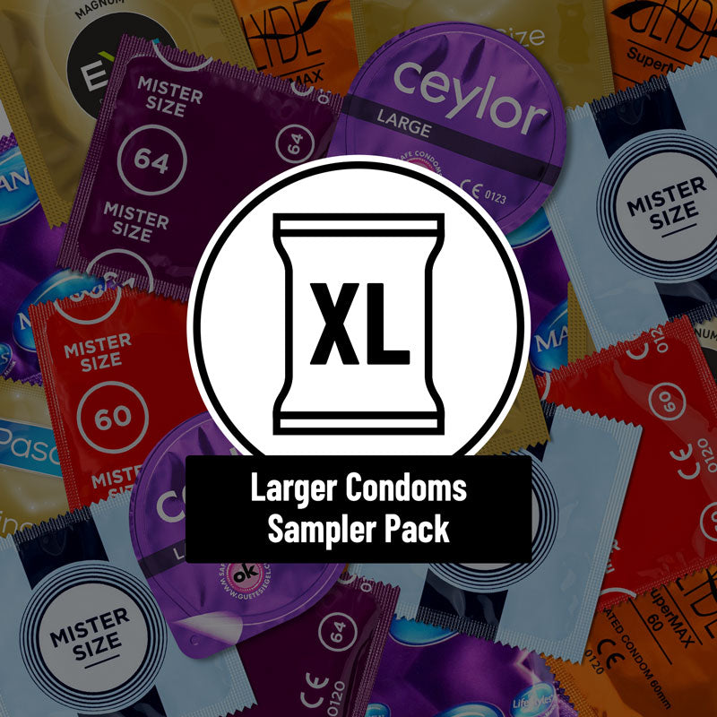 Larger Condoms Sampler Pack featuring various brands and styles for enhanced comfort and safety.