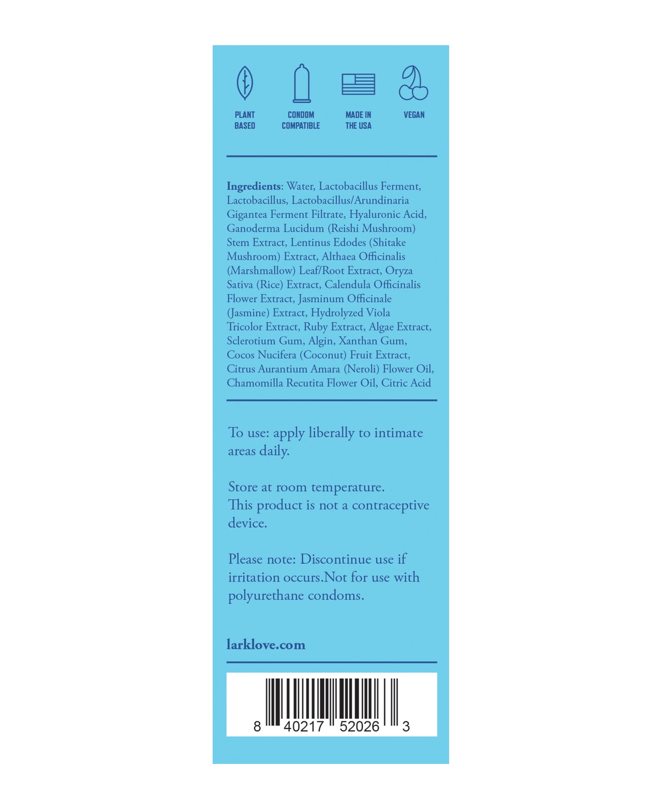 Lark Revival Intimate Personal Moisturizer 4 fl oz bottle with a sleek design, showcasing its hydrating formula for vaginal dryness relief.