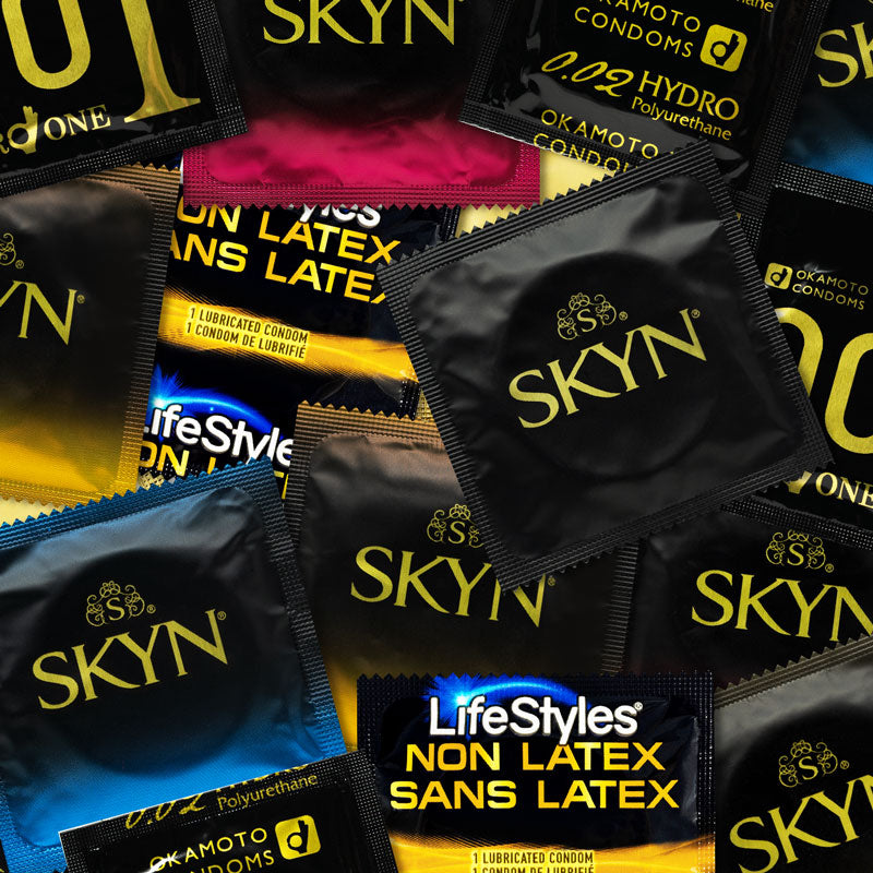 Latex-free condoms sampler pack featuring various brands and styles for sensitive skin.