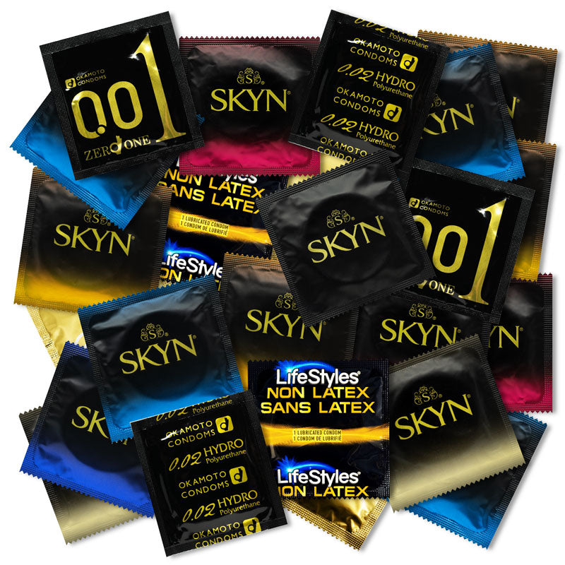 Latex-free condoms sampler pack featuring various brands and styles for sensitive skin.