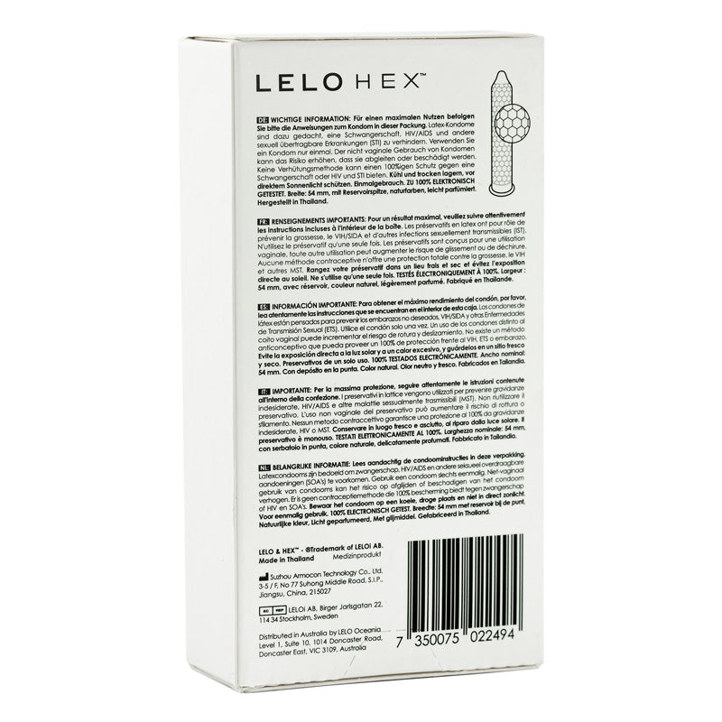 Lelo Hex Original Box 12 condoms featuring hexagonal structure for enhanced sensitivity and pleasure.