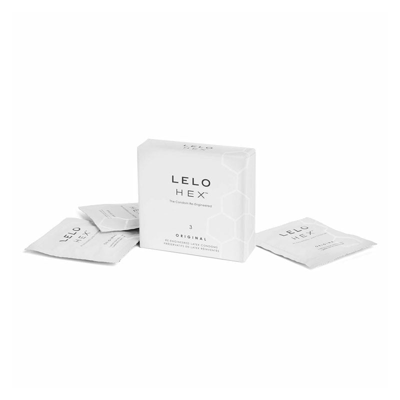 Lelo Hex Original Box 3 featuring ultra-thin condoms with hexagonal texture for enhanced pleasure and comfort.