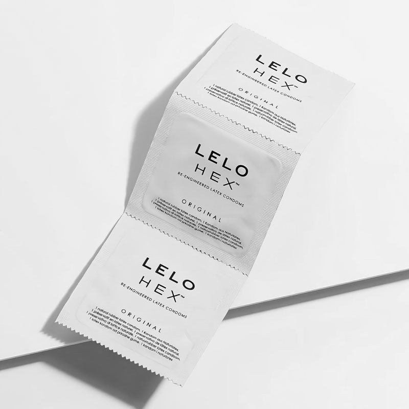 Lelo Hex Original Box 3 featuring ultra-thin condoms with hexagonal texture for enhanced pleasure and comfort.