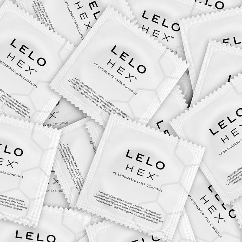 Lelo Hex Original Box 3 featuring ultra-thin condoms with hexagonal texture for enhanced pleasure and comfort.