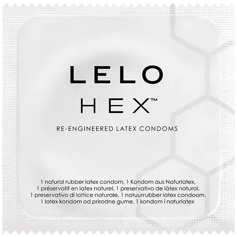 Lelo Hex Original Box 3 featuring ultra-thin condoms with hexagonal texture for enhanced pleasure and comfort.