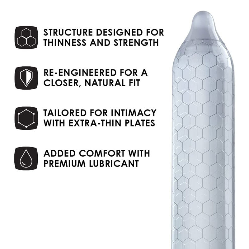 Lelo Hex Original Box 3 featuring ultra-thin condoms with hexagonal texture for enhanced pleasure and comfort.