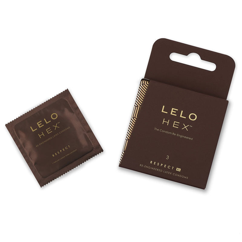 Lelo Hex Respect XL Box 3 featuring a transparent condom with a unique hexagonal structure, designed for larger sizes and enhanced sensations.