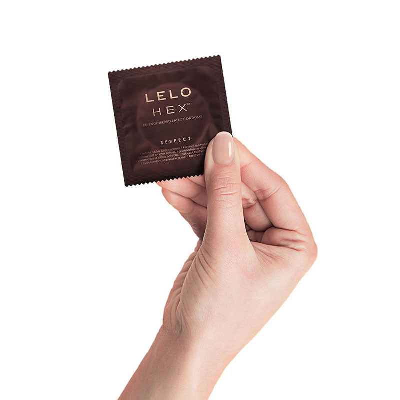 Lelo Hex Respect XL Box 3 featuring a transparent condom with a unique hexagonal structure, designed for larger sizes and enhanced sensations.